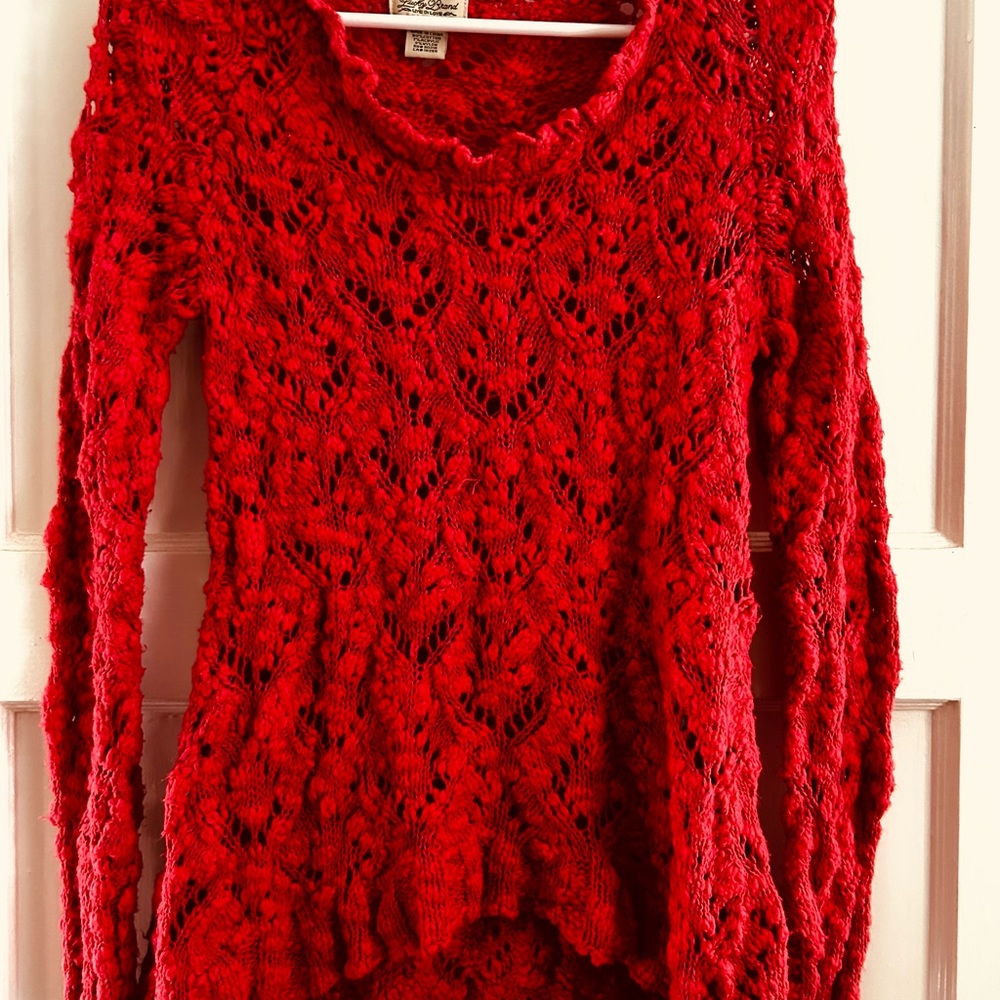 Lucky Brand Women's Red Open-Knit Scoop Neck Sweater